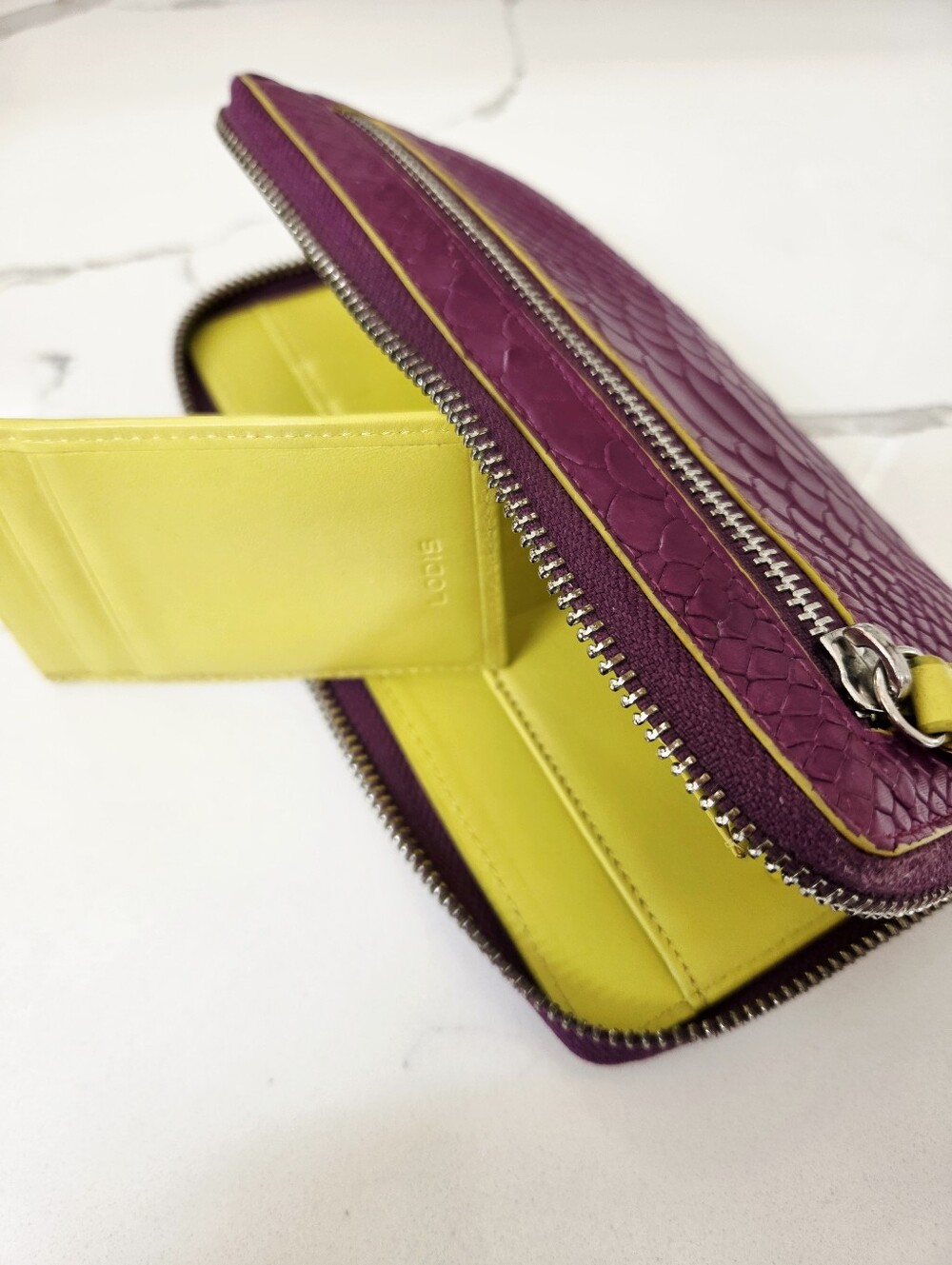 Lodis Wallet Purple Python Snake Print Zip Around Magenta Lime Green Leather